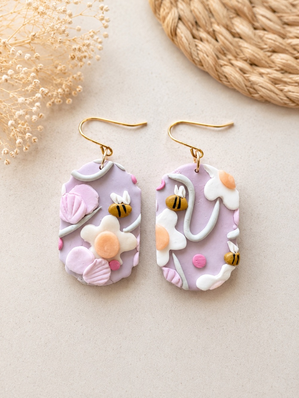 Handmade Lavender Floral Bee Dangle Earrings